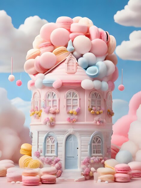 3d cake huis met zoete snoep op roze achtergrond 3d illustratie van Kerstmis en Nieuwjaar concept