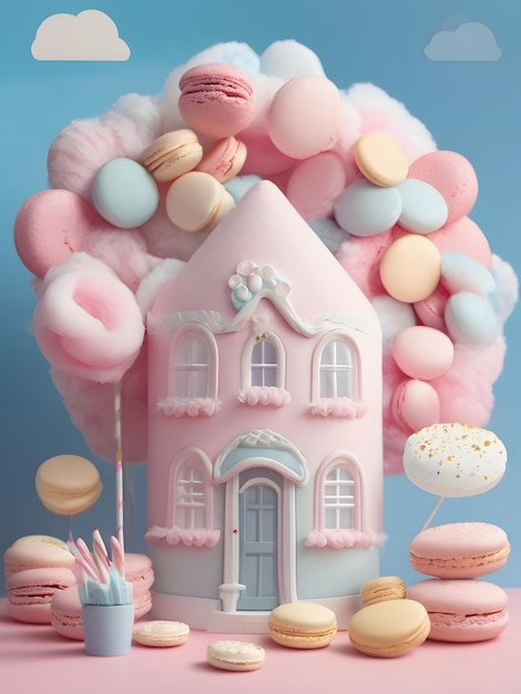 3d cake huis met zoete snoep op roze achtergrond 3d illustratie van Kerstmis en Nieuwjaar concept