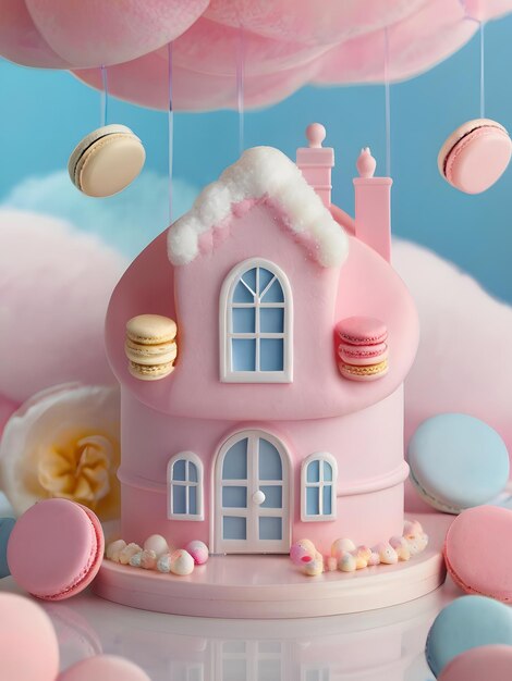 3d cake huis met zoete snoep op roze achtergrond 3d illustratie van Kerstmis en Nieuwjaar concept