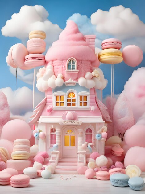 3d cake huis met zoete snoep op roze achtergrond 3d illustratie van Kerstmis en Nieuwjaar concept