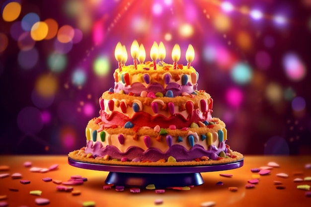 3D Cake with 50 Candles Colorful Background Luminous Objects Bokeh AI