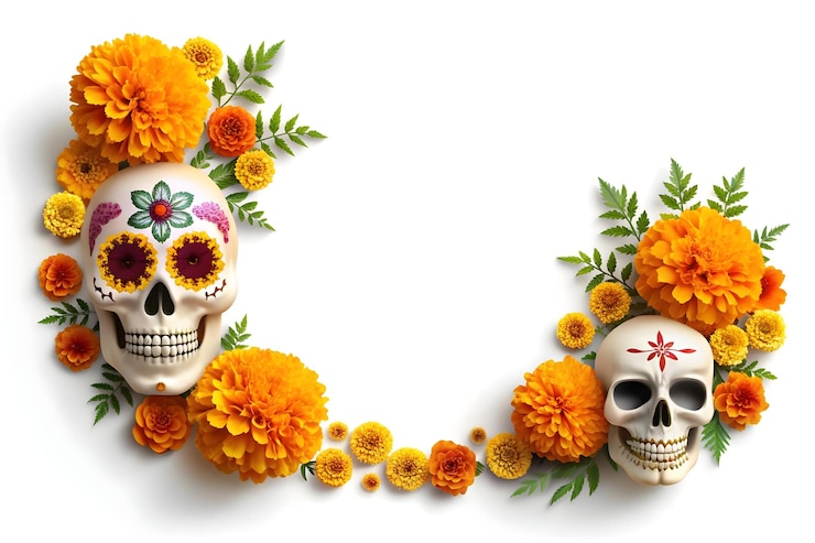 Фотография 3d calavera и marigold flower border с концепцией copy space в качестве граничной рамки с calaver