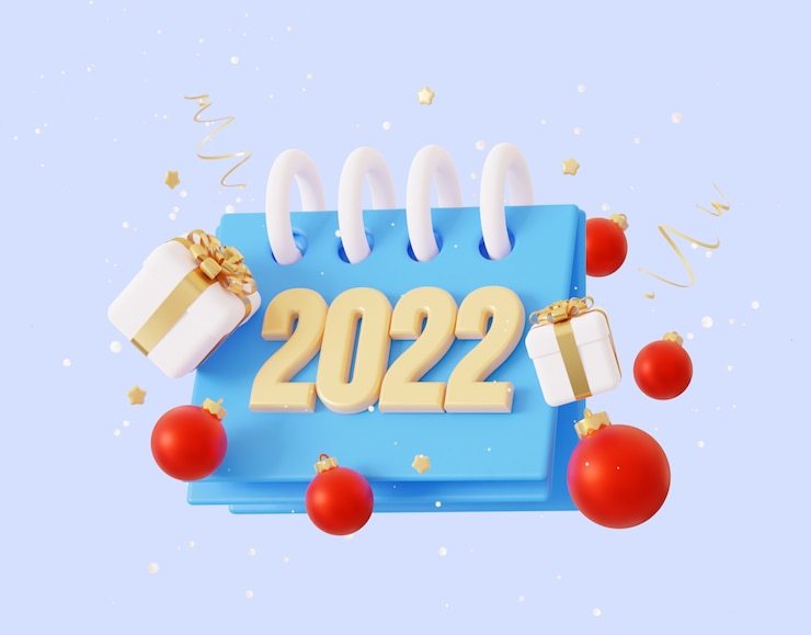 Photo 2022년의 3d 달력입니다. 크리스마스 장난감, 선물이 있는 새해의 개념. 3d 렌더링