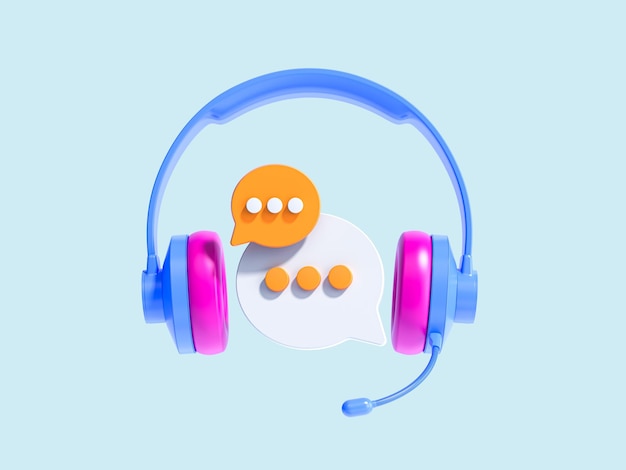 3D Call center Headphones with speech bubble message Online customer support Contact Us Assistant and hotline service Cartoon creative design icon isolated on blue background 3D rendering