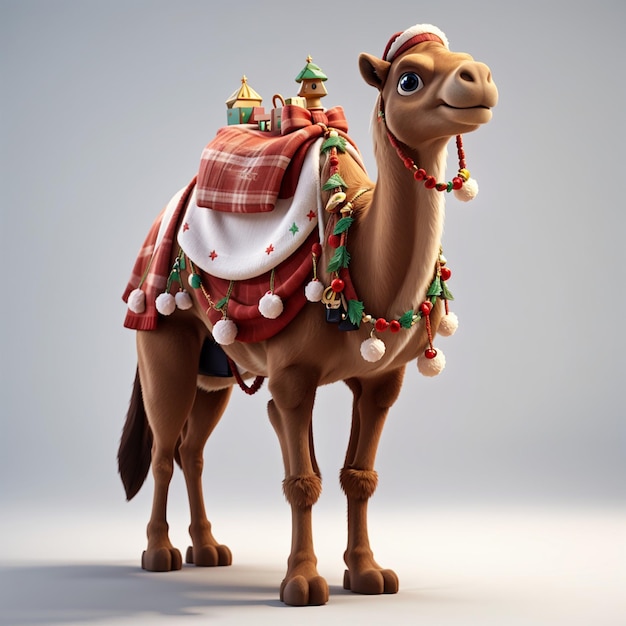 3D верблюд в рождественском наряде стоит на белом фоне