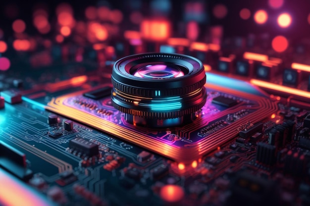 3D camera lens en circuit board licht neon Technologie achtergrond AI gegenereerd