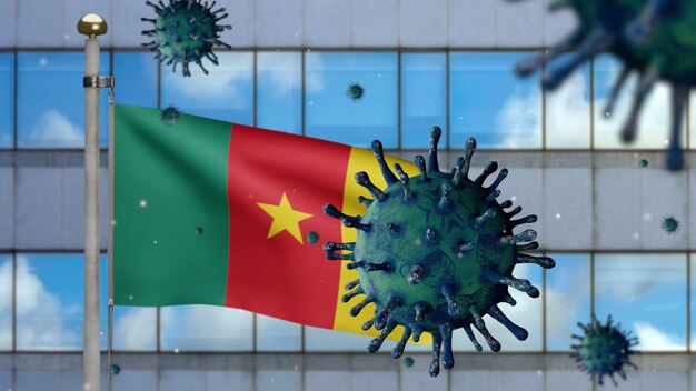 3D, Cameroonian flag waving with modern skyscraper city and Coronavirus 2019 nCov concept. Asian outbreak in Cameroon, coronaviruses influenza as dangerous flu strain cases as a pandemic.