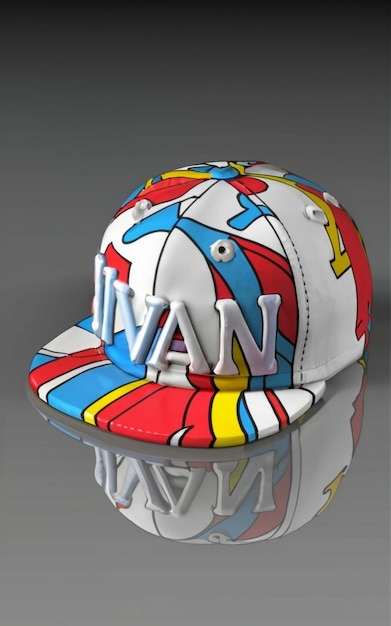 Photo 3d cap white with red and blue with red spots with 3d name