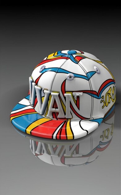 Photo 3d cap white with red and blue with red spots with 3d name