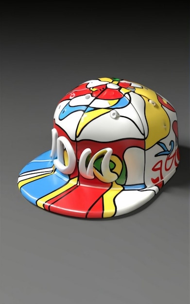 Photo 3d cap white with red and blue with red spots with 3d name