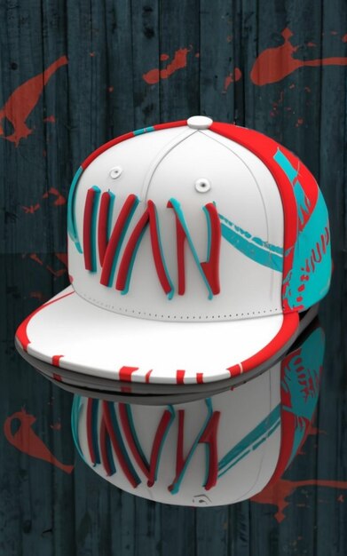 Photo 3d cap white with red and blue with red spots with 3d name