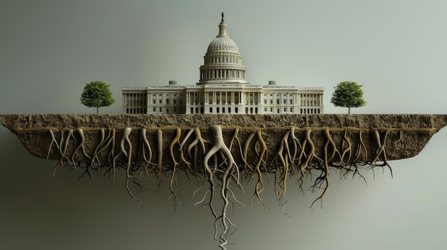 Photo 3d capitol with dollar roots showing the deep financial foundations of politics