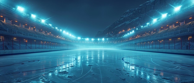 3D Captivating Empty Ice Hockey Stadium Illuminated in Ethereal Blue