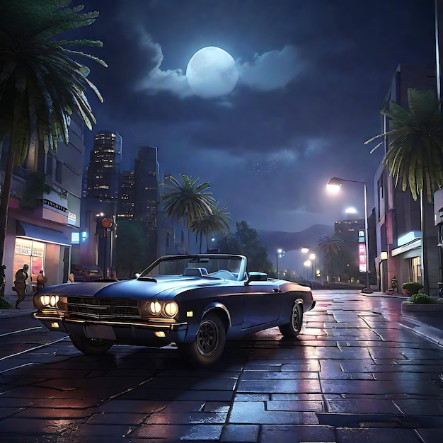 3d car illustration of night action scene