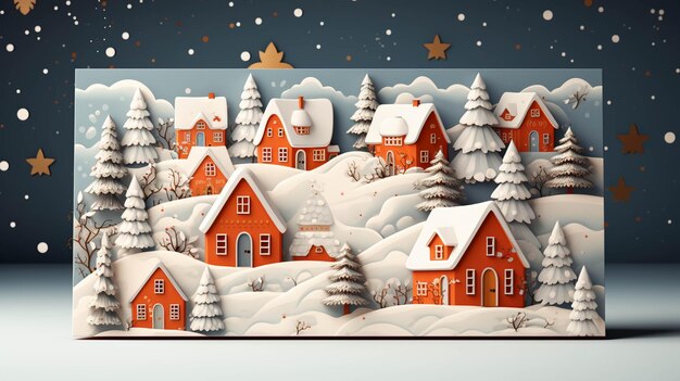 Photo 3d card with small houses on snowy village landscape winter postcard