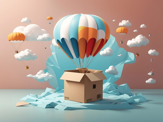 3d cardboard box with parachute fast delivery concept in action