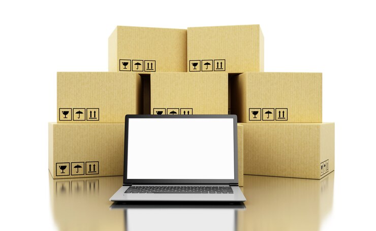 Photo 3d cardboard boxes and technology devices with blank screen.