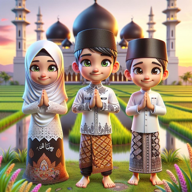 3D caricature of children from Indonesia near rice fields evening vibes before Maghreb
