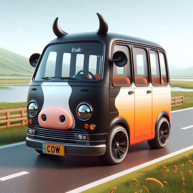 3D caricature of cute cow minibus car with lake background