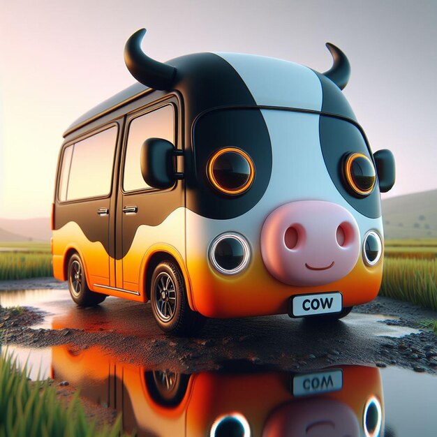 Photo 3d caricature of cute cow minibus car with lake background