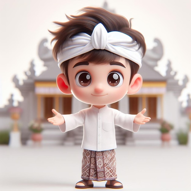 3D caricature image cute little boy wearing traditional Balinese clothes