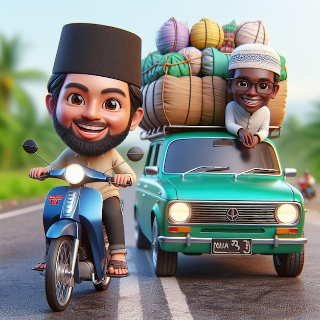 Photo 3d caricature man driving a kijang car carrying goods