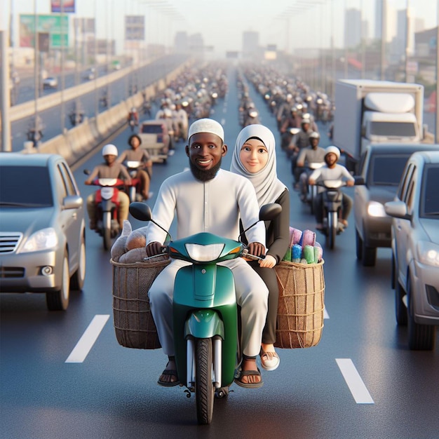 3d caricature man and woman riding a motorbike carrying goods