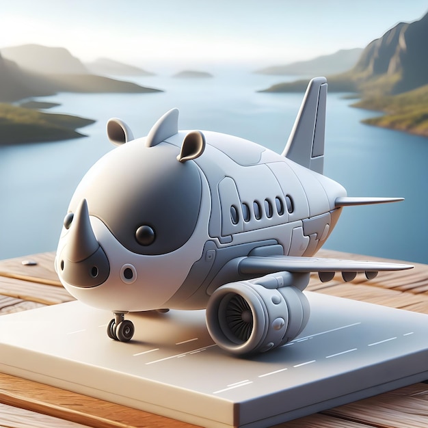 3D caricature mock up of a mini airbus plane that resembles a cute rhino