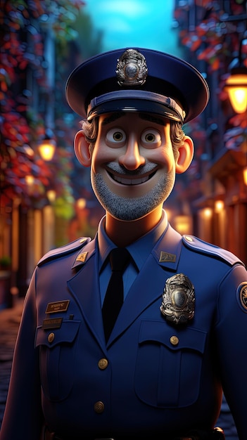 Foto caricatura 3d di un tipico agente di polizia con la sua classica uniforme in una grande città