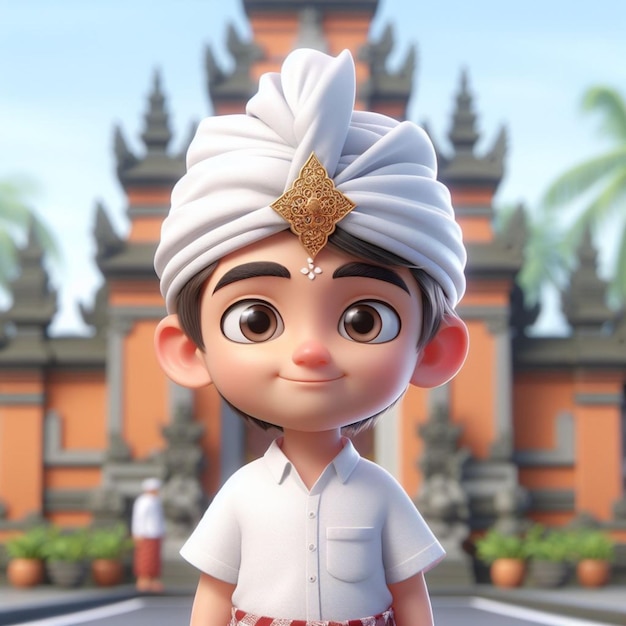 3D-caricatuurbeeld van een schattige kleine jongen in traditionele Balinese kleren