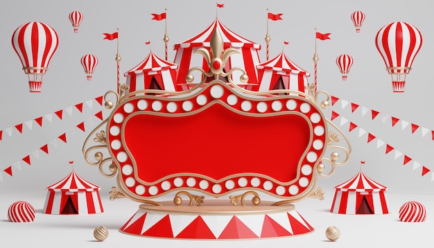 3d Carnival podium with many rides and shops circus tent 3d illustration