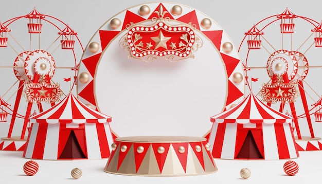 3d Carnival podium with many rides and shops circus tent 3d illustration