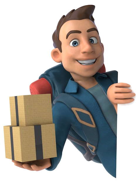 3D cartoon backpacker man with cardboard boxes