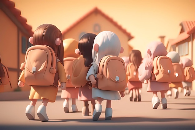 3D cartoon basisschoolleerlingen die rugzakken naar school dragen AI-technologie gegenereerd beeld