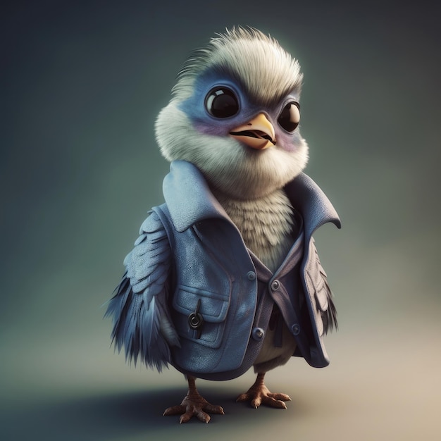 3D cartoon bird portrait wearing clothes glasses hat and jacket standing in front