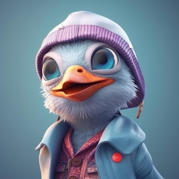 3D cartoon bird portrait wearing clothes glasses hat and jacket standing in front