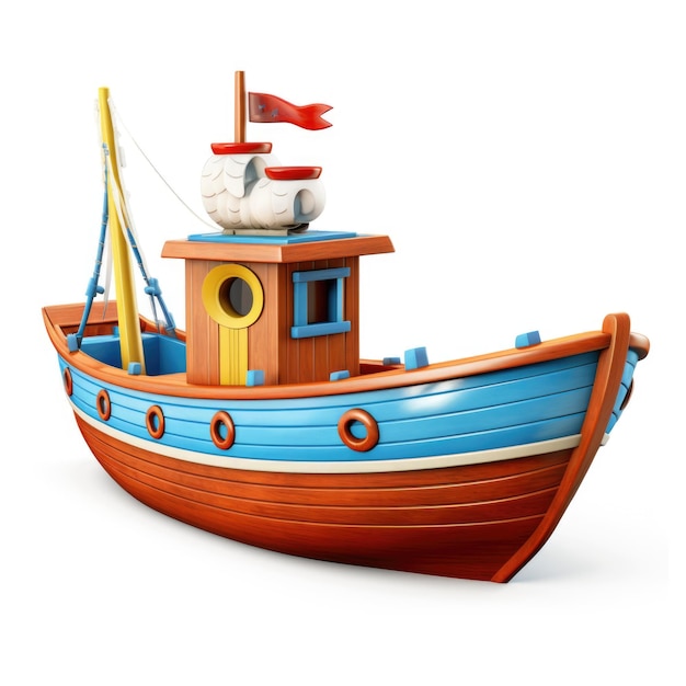 3D Cartoon Boat Sailing on a Tranquil White Background