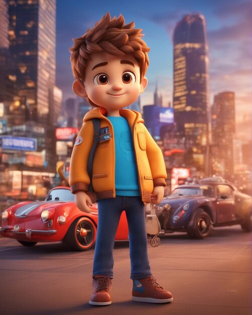 A 3d cartoon boy cute standing isolated on a blurred city background