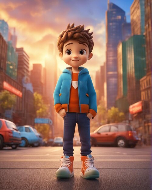 A 3d cartoon boy cute standing isolated on a blurred city background
