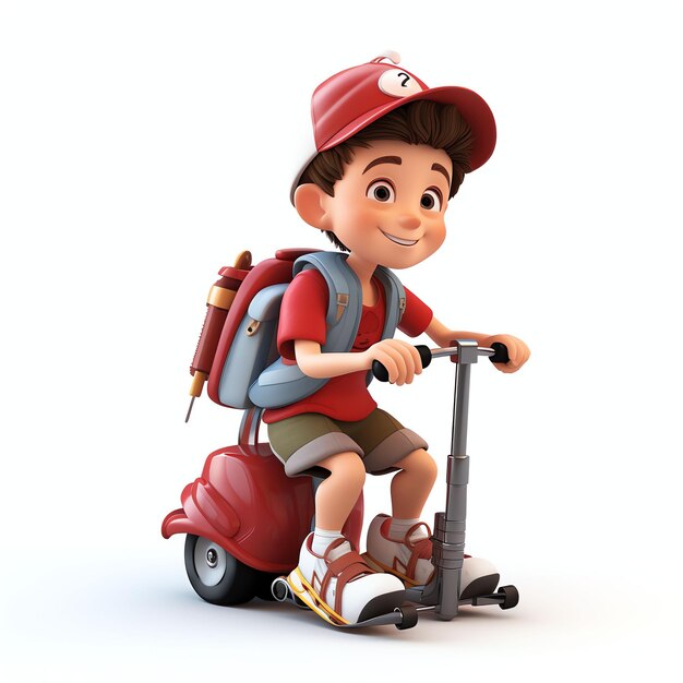 3D Cartoon boy learning to ride a scooter wearing a red backpack on a white background