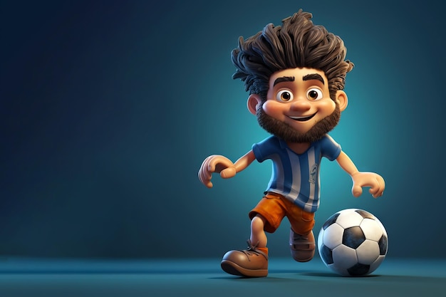 3d cartoon boy playing football with copy space