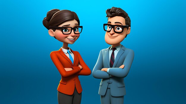 3d cartoon businesswoman leaning on businessman