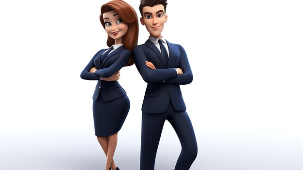 Photo 3d cartoon businesswoman leaning on businessman