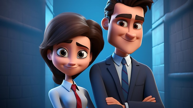 3d cartoon businesswoman leaning on businessman