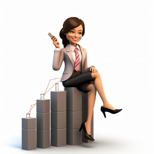 3D cartoon businesswoman sitting on a bar graph isolated