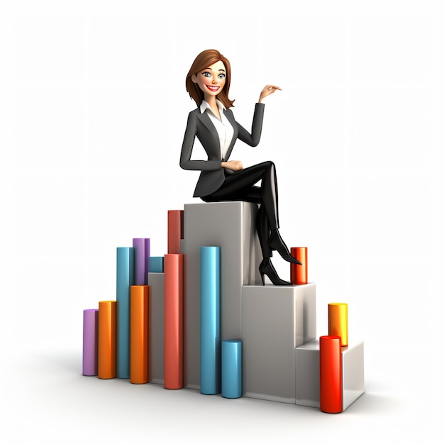 3D cartoon businesswoman sitting on a bar graph isolated