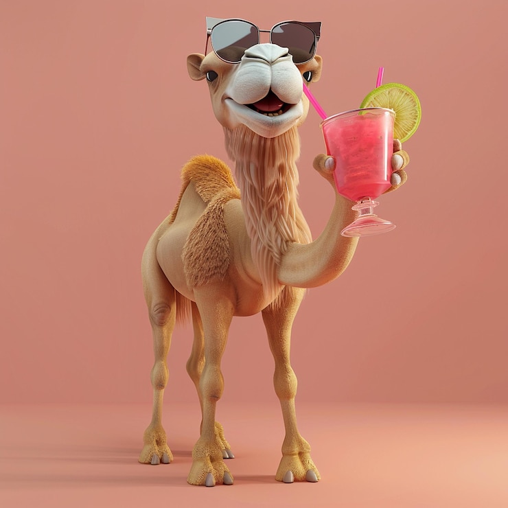 Photo 3d cartoon camel with a cocktail