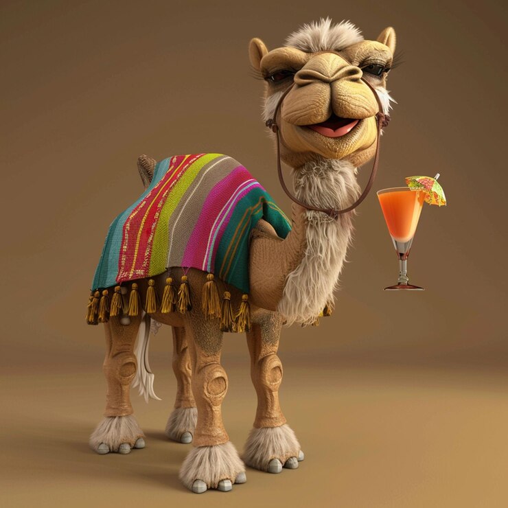 Photo 3d cartoon camel with a cocktail