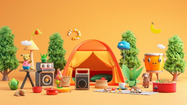 A 3D cartoon camping set isolated on light orange background including tents picnic tables chairs drums radios baskets food a dog plants and adorable characters