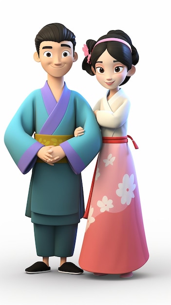 3D cartoon Cartoon Japans echtpaar in traditionele kleding